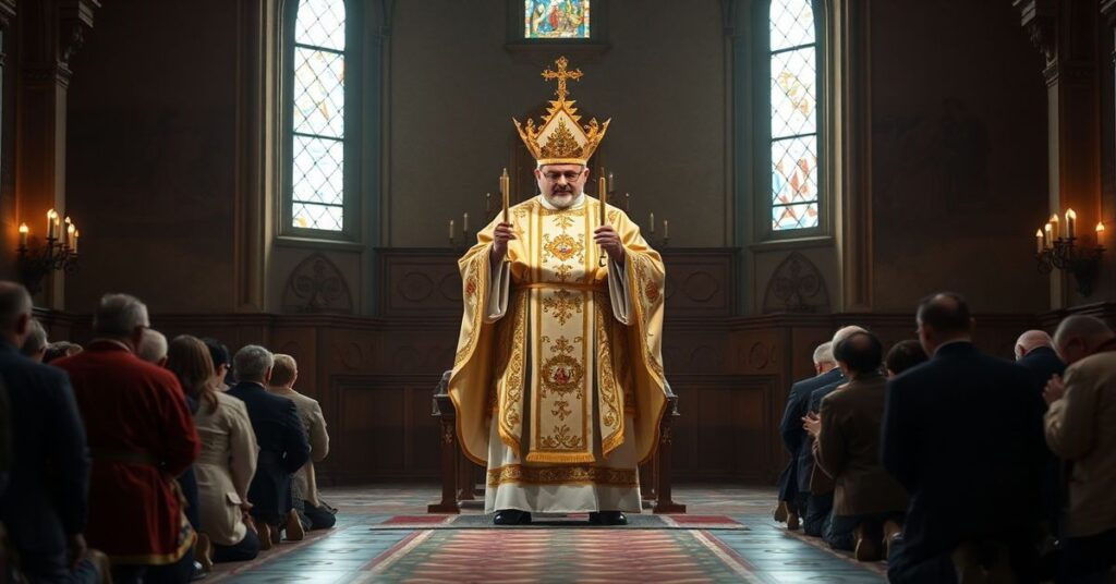 Tradycyjny kapłan katolicki trzymający monstrancję z Najświętszym Sakramentem w kaplicy