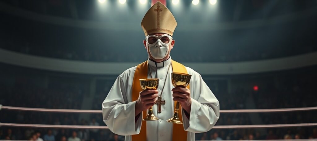 Kapłan w masce wrestlera w ringu z kielichem i pateną na tle areny walki