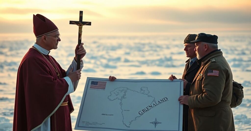 Katholicki kapłan w tradycyjnych szatach stał przed lodowym krajobrazem Grenlandii, trzymając krzyż podczas negocjacji amerykańskich i europejskich dyplomatów.