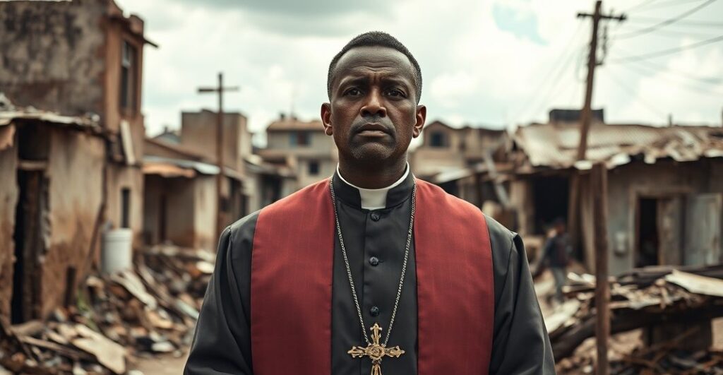 Kapłan w tradycyjnych szatach katolickich przed zniszczonym slums Haiti, wyraz żalu i refleksji nad zbrodniami wobec dzieci, scena pełna powagi i religijnej zadumy.