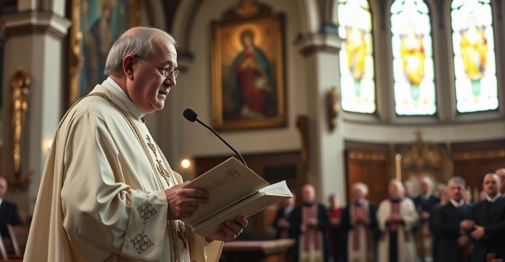 Kapłan w tradycyjnym stroju kaznodziei w kościele, głęboko zatroskany o wiernych, z obrazem Matki Bożej Piekarskiej w tle, symbolizujący troskę o prawdziwą wiarę katolicką.