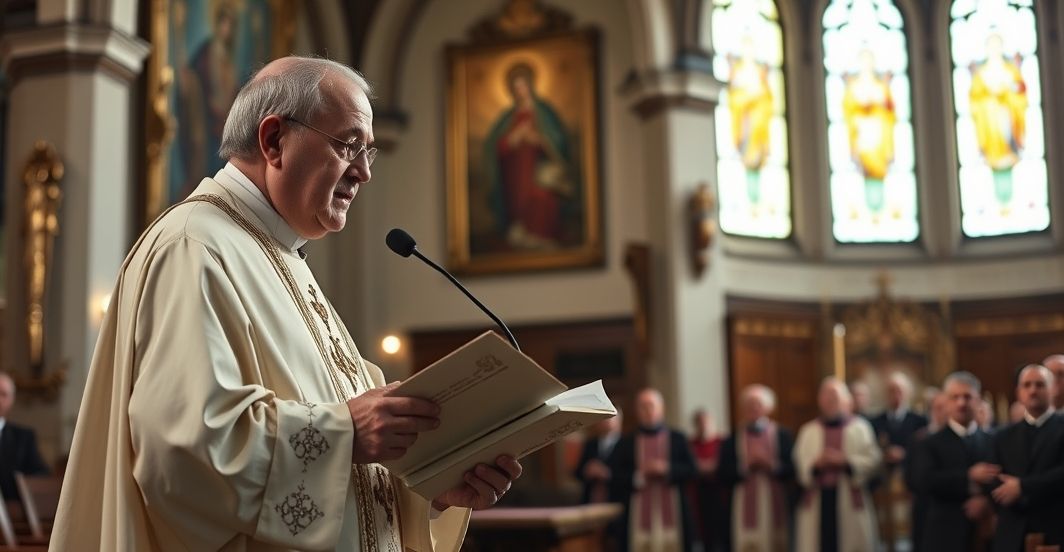 Kapłan w kościele z obrazem Matki Bożej Piekarskiej podczas homilii Kapłan w tradycyjnym stroju kaznodziei w kościele, głęboko zatroskany o wiernych, z obrazem Matki Bożej Piekarskiej w tle, symbolizujący troskę o prawdziwą wiarę katolicką.