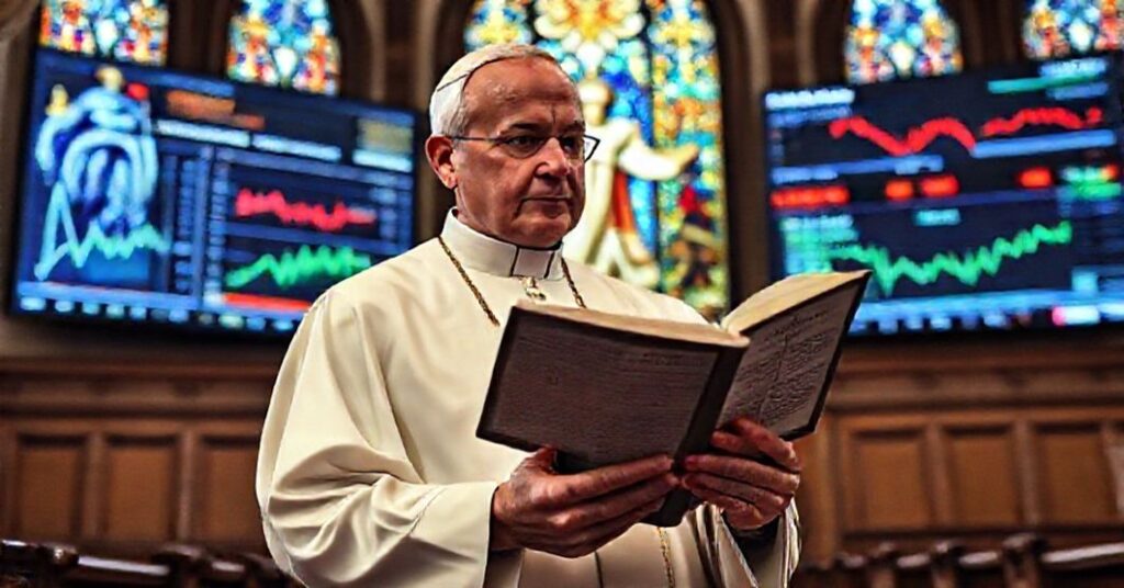 Kapłan standzi w tradycyjnym wnętrzu kościoła, trzymając kopię Quadragesimo Anno Piusa XI, z poważnym wyrazem twarzy obserwując kryzys finansowy na ekranie.