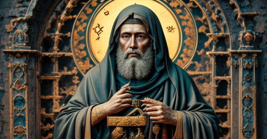 Stary kapłan w tradycyjnym ornacie opiekuje się chorym przy ruinie katedry na tle współczesnego ruinowania miasta.