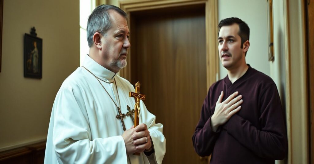 Kapłan w kaplicy trzymający krzyż w obecności człowieka z bólem w klatce piersiowej