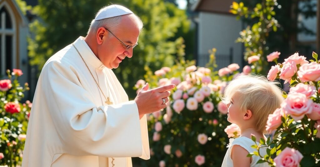 Kapłan w białej szacie ucałowujący dłoń dziecka w ogrodzie kościelnym pełnym róż - symbolizujący fałszywy posoborowy przekaz o wakacjach bez Boga