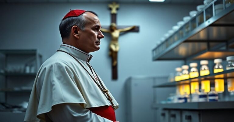 Kapłan w tradycyjnych szatach stoi przed krzyżem, patrząc na laboratorium z lekami na HIV.