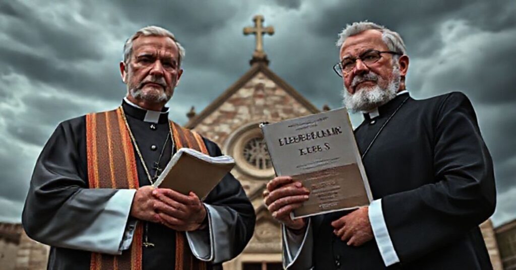 Kapłan w tradycyjnych szatach kościelskich trzyma książkę ks. Feli-xa Sardá y Salvany'ego *Liberalizm jest grzechem* przed katedrą