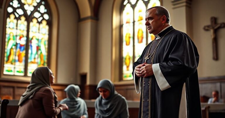 Kapłan w tradycyjnym stroju kościolnym stoi z krzyżuchem w koście z witrażou na tle, patrząc na modlących się migrantów. Scena symbolizuje powaga i potrzebę prawdziwego nawracania.