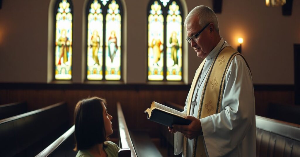 Kapłan katolicki w tradycyjnych szatach liturgicznych trzyma Biblię i rozmawia z młodym człowiekiem w kaplicy.