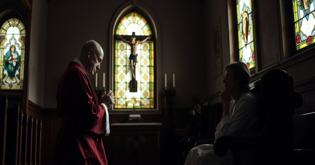 Pobłogosławiony kapłan w tradycyjnych szatach liturgicznych modli się przed krzyżem, obok siedzi pokrzywdzona osoba szukająca pocieszenia duchowego.