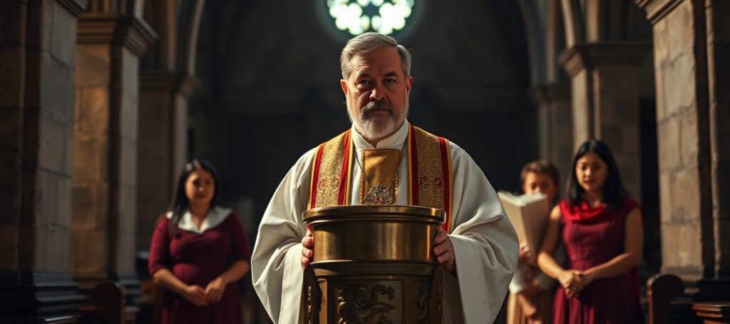 Kapłan w tradycyjnych szatach liturgicznych stoi w starożytnym kościele, trzymając chrzcielnicę. Za nim rodzina niewiernych rodziców z ich dzieckiem patrzy z niepewnymi wyrazami twarzy. Spogląd kapłana jest pewny i współczujący, symbolizując dylemat udzielenia sakramentu chrztu dziecku rodziców bez wiary. Scena podkreśla konieczność prawdziwego nawrócenia i świętości sakramentów.