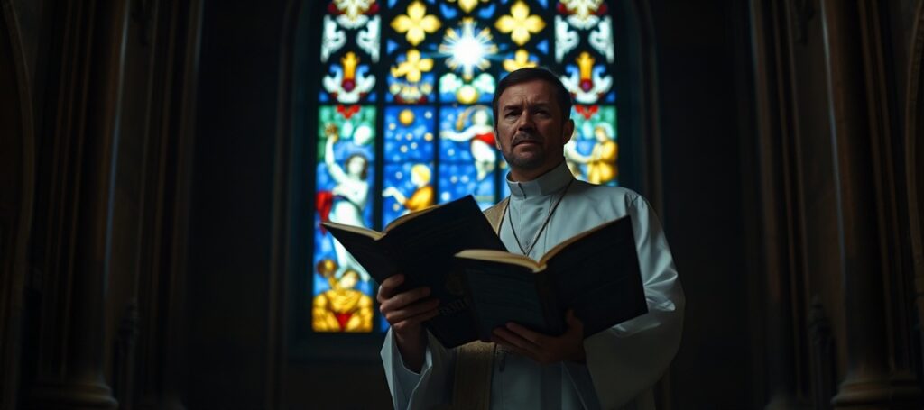 Ciemny wnętrze katedry z kapłanem trzymającym Biblię i Sebastiana Szybkiego z czasopismem naukowym