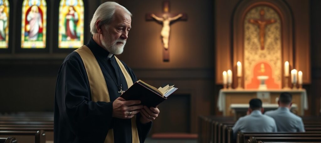 Stary kapłan w tradycyjnym stroju liturgicznym w kaplicy z seminarianami modlącymi się