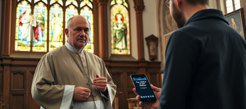 Kapłan katolicki w tradycyjnym kościele trzyma różaniec i patrzy na młodzieńca z telefonem wyświetlającym ostrzeżenie o cyberprzestępczości. Wnętrze kościoła z witrażami przedstawiającymi Dziesięć Przykazań.