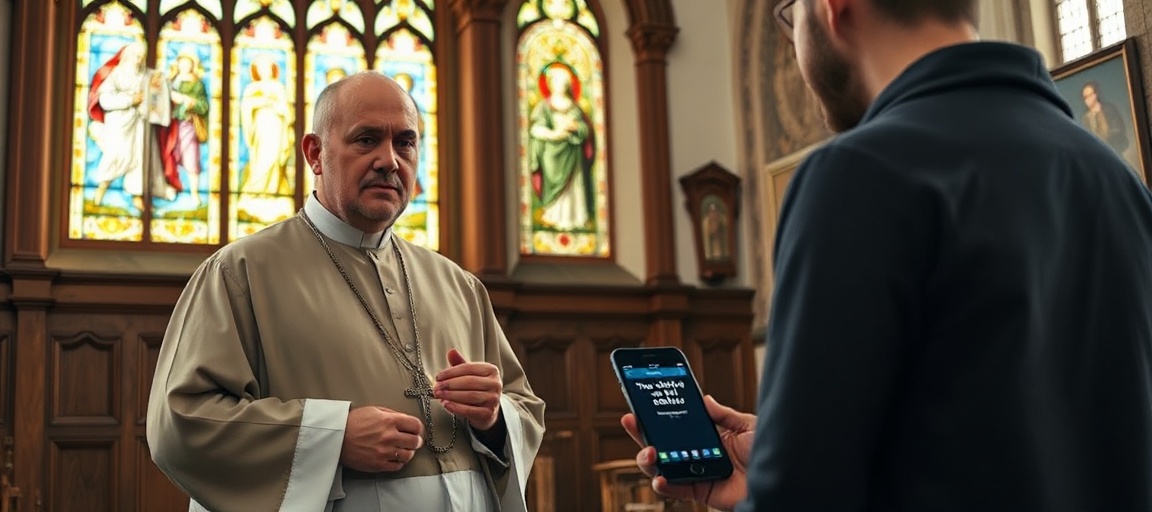 Kapłan katolicki w tradycyjnym kościele trzyma różaniec i patrzy na młodzieńca z telefonem wyświetlającym ostrzeżenie o cyberprzestępczości. Wnętrze kościoła z witrażami przedstawiającymi Dziesięć Przykazań.
