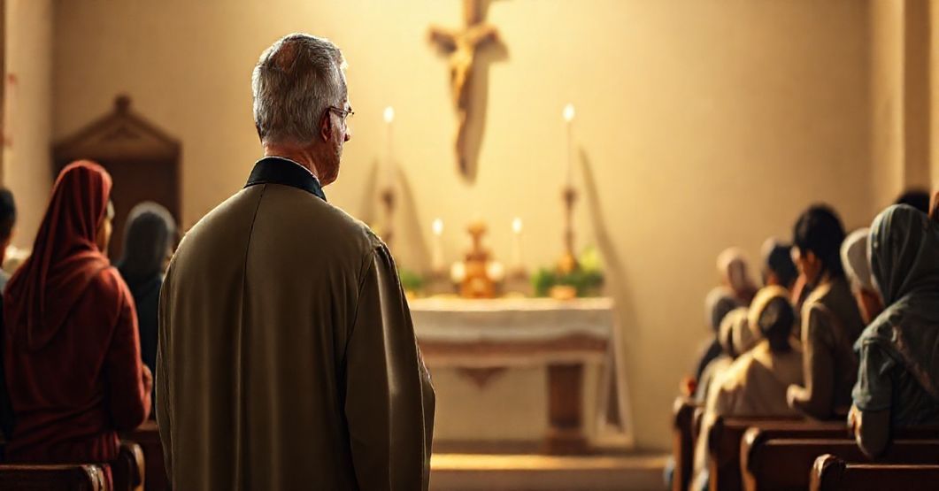 Tradycyjny kapłan katolicki w kasule przed ołtarzem, patrzący z troską na potrzebujących, symbolizując prawdziwą miłość chrześcijańską zjednoczoną z wiarą.