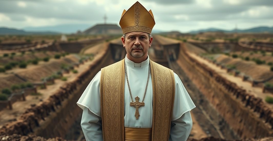 Kapłan katolicki w tradycyjnych szatach przed naturalnymi i militarnymi umocnieniami na granicy, symbolizujący brak Boga w obronie narodów