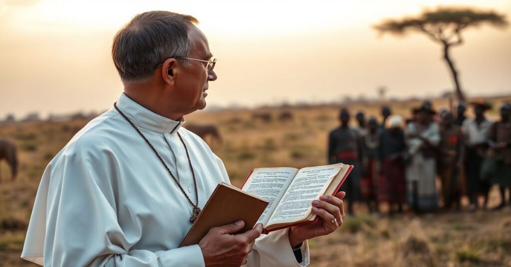 Sobole i poważny portret tradycyjnego kapłana katolickiego w albie na afrykańskiej sawannie w czasie zachodu słońca