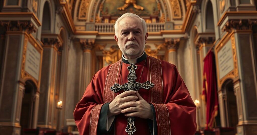 Kapłan katolicki w cerkwi z krzyżem, symbolizujący wierne trwanie przy naukach Kościoła przeciw ekumenicznym błędom