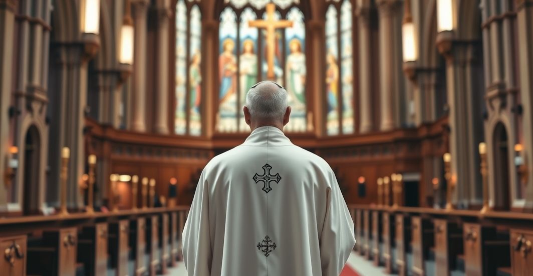 Kapłan katolicki a kontrowersje wokół szczepień i moralności Kapłan katolicki w tradycyjnych szatach przy ołtarzu kościoła, wyraz zatroskania i refleksji nad moralnymi aspektami szczepień