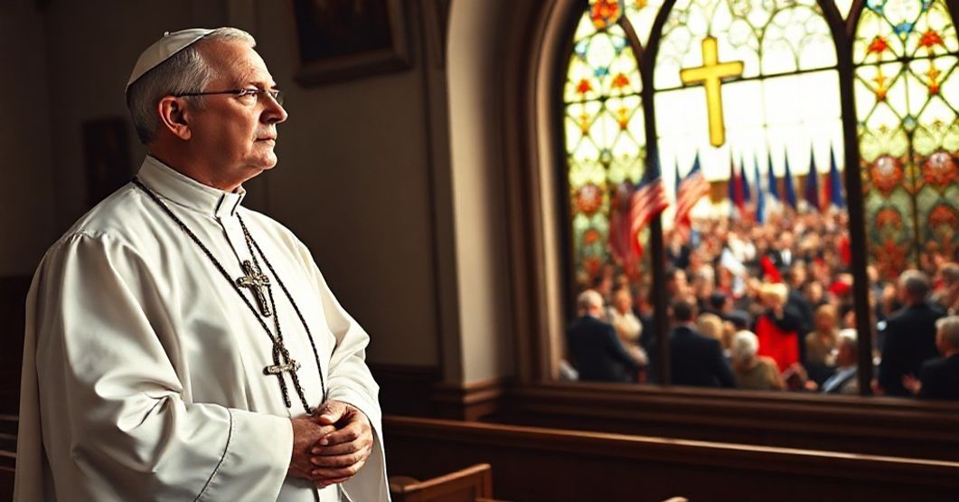 Kapłan katolicki w tradycyjnym koście patrzy w smutku na sekularyzowany kongres polityczny za oknem. Kontrast między sakralnym wnętrzem a światem politycznym podkreśla duchowy kryzys.