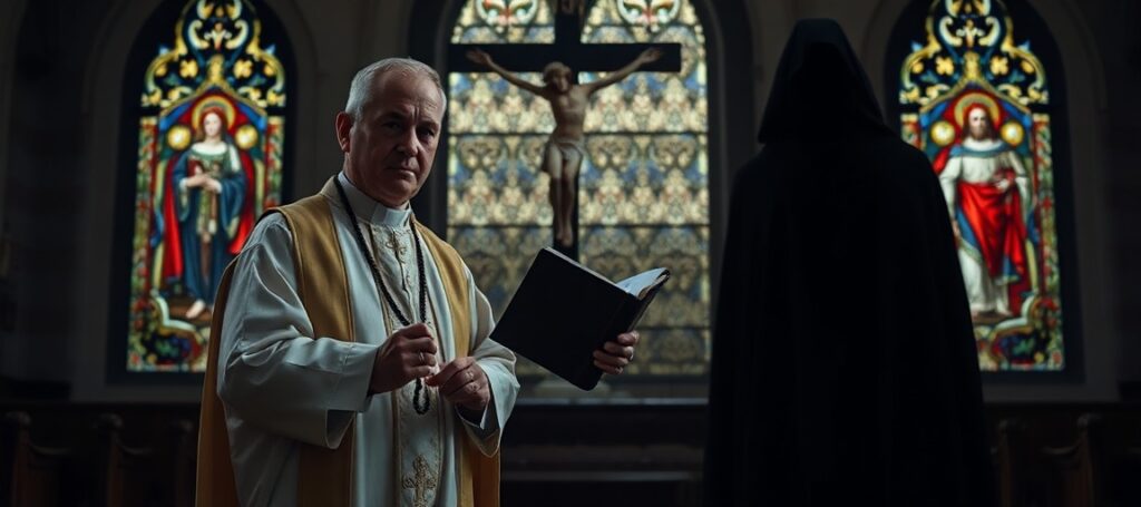 Tradycyjny katolicki kapłan w szatach liturgicznych przed krzyżem z ciemną postacią symbolizującą zło na tle. Scena w kościele z witrażami przedstawiającymi Chrystusa Króla.