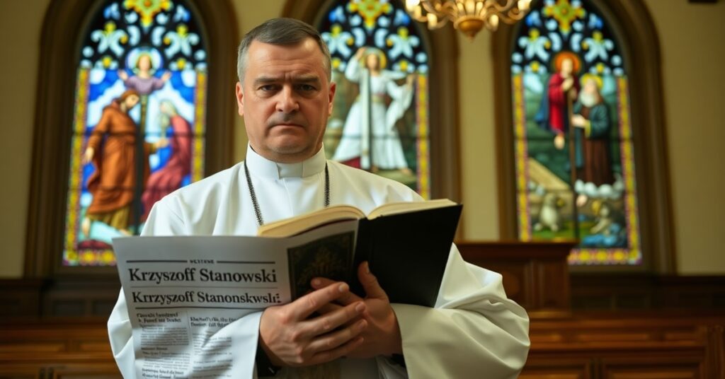 Kapłan katolicki w kaplicy przed gazetą z obelgami Stanisława