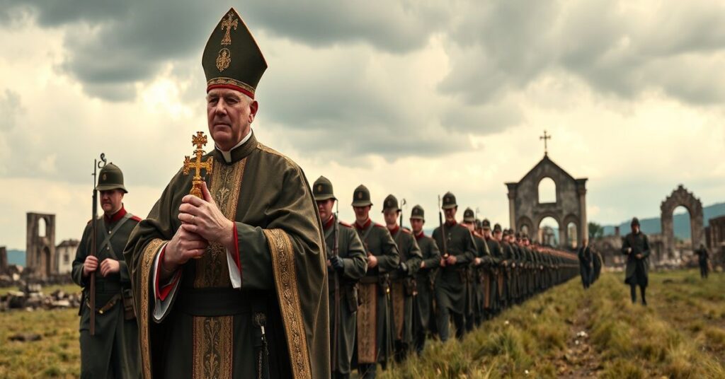 Prawdziwy kapłan katolicki prowadzi procesję z Najświętszym Sakramentem w polu bitewnym, otoczony żołnierzami w historycznych mundurach polowych. Scena symbolizuje walkę z herezjami nowożytnymi.