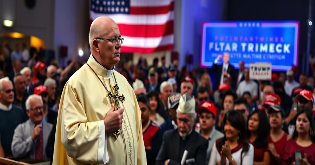 Tradycyjny kapłan katolicki w ornacie stoi przed grupą katolików amerykańskich, podkreślając konflikt między wiarą a polityczną lojalnością.