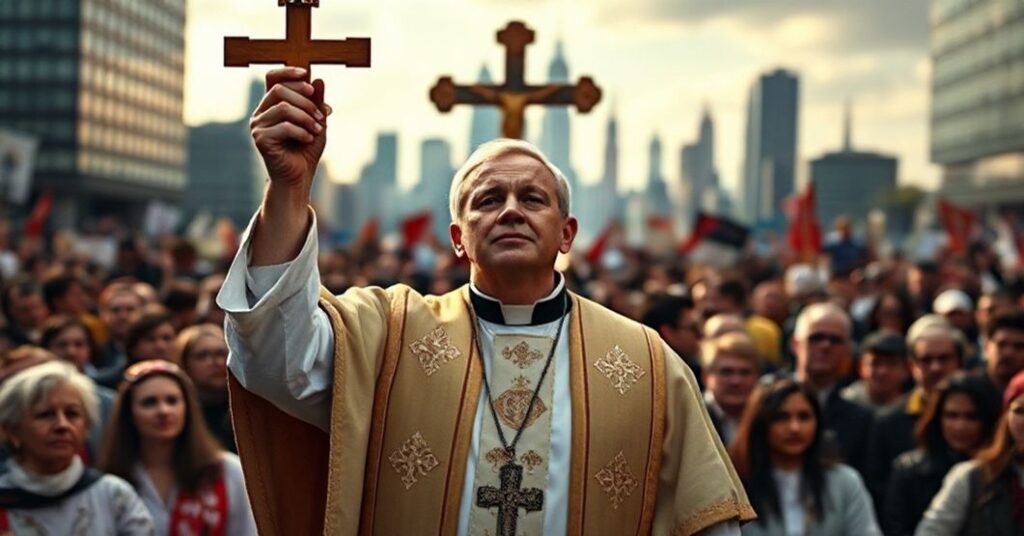 Kapłan katolicki w tradycyjnych szatach liturgicznych trzyma krzyż przed tłumem przeciwko sekularyzmowi i chaosowi w państwach