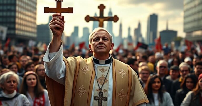 Kapłan katolicki w tradycyjnych szatach liturgicznych trzyma krzyż przed tłumem przeciwko sekularyzmowi i chaosowi w państwach