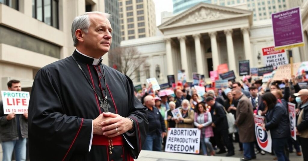 Kapłan katolicki w tradycyjnych szatach kapłańskich stoi przed sądem, trzymająć różaniec i spoglądając z żalem na tłum zebrany na referendum aborcyjnym.
