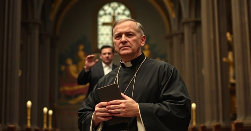 Prawdziwy kapłan katolicki w tradycyjnym kamizelce stoi w ponurym katedrze, trzymając modlitewnik. Na tle widoczny jest modernistyczny heretyk w świeckim ubraniu.