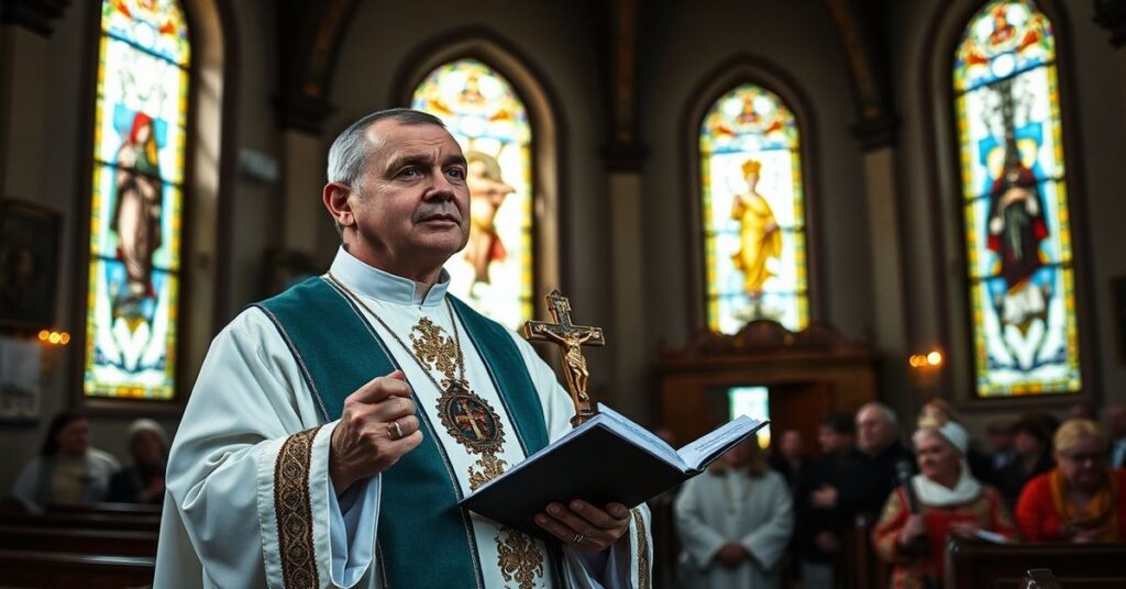 Sobór katolicki w czasie wojny: kapłan w tradycyjnych szatach liturgicznych głosi kazanie w zniszczonej świątyni na Ukrainie.