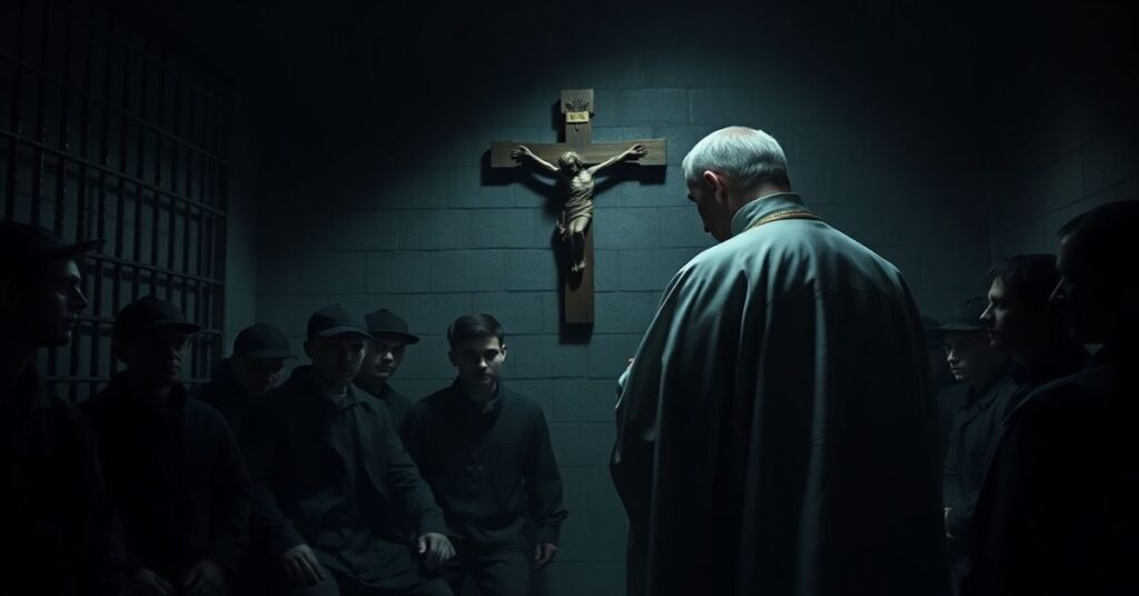 Tradycyjny kapłan katoliczny w sutannie przed grupą więźniów w ciemnej celi więziennej z krzyżem na pierwszym planie.