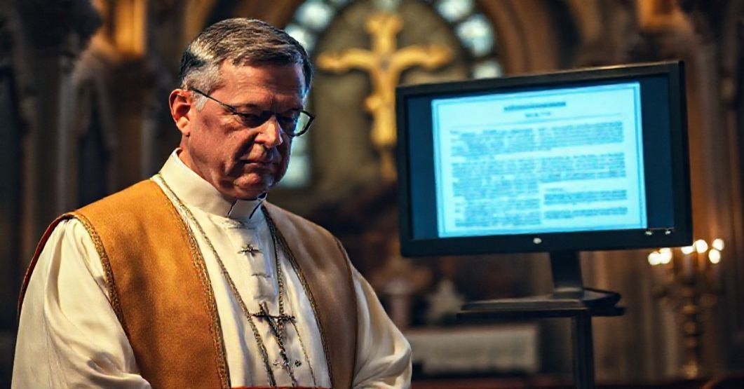 Kapłan przed ekranem z testamentem - redukcja Kościoła do narzędzia prawnego Stary kapłan w tradycyjnych ornatach stoi przed ekranem komputera wyświetlającym dokument testamentu, z troskliwym wyrazem twarzy. Tło stroje słonecznika ma na sobie czarne sutułą i biały welon. Tło stoi w ciemnej kaplicy z krzyżem na ścianie.