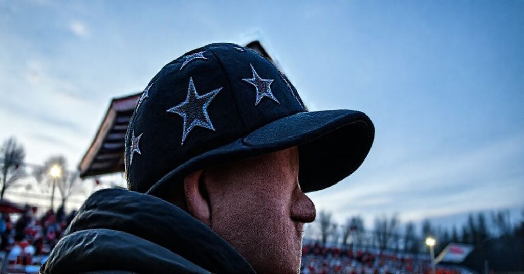 Kapłan w ornaty patrzy z smutkiem na konkurencyjne parafie podczas konkursu sportowego.