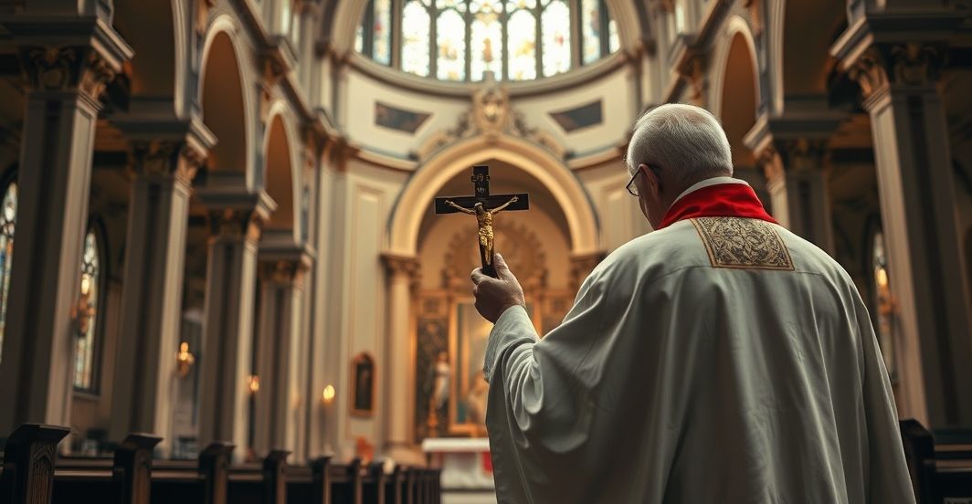 Reverent Catholic priest w modlitewnym geście w kościele, refleksja nad kryzysem moralnym spowodowanym sekularyzacją