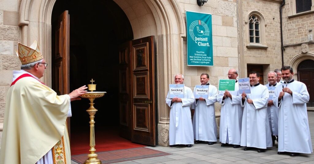 Kapłan w tradycyjnych szatach liturgicznych trzyma monstrancję z Najświętszym Sakramentem przed kościołem na Filipinach, podczas gdy moderniści w albach i białych płaszczach w tle trzymają znaki zakazu palenia.