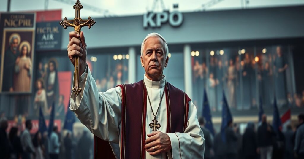 Kapłan w tradycyjnych paramentach przed budynkiem KPO z flagami UE, ostrzegający przed kulturą bez Chrystusa Króla.