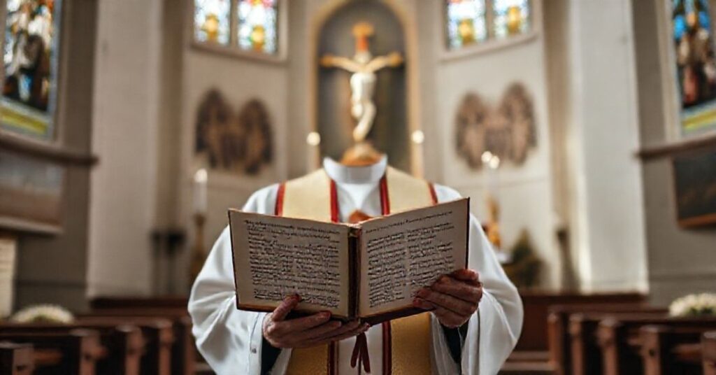 Kapelan katolicki w tradycyjnych szatach liturgicznych trzyma Biblię z tekstem o królewstwie Chrystusa, stojąc w kaplicy z witrażami i ołtarzem