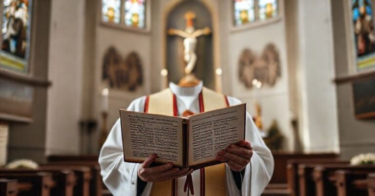 Kapelan katolicki w tradycyjnych szatach liturgicznych trzyma Biblię z tekstem o królewstwie Chrystusa, stojąc w kaplicy z witrażami i ołtarzem