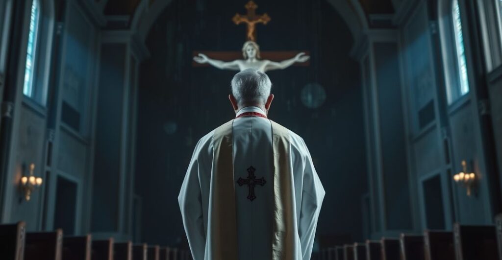 Kapłan katolicki w tradycyjnym ornacie, modlący się przed krucyfiksem, symbolizujący duchową opiekę w obliczu cyberzagrożeń i kryzysu moralnego