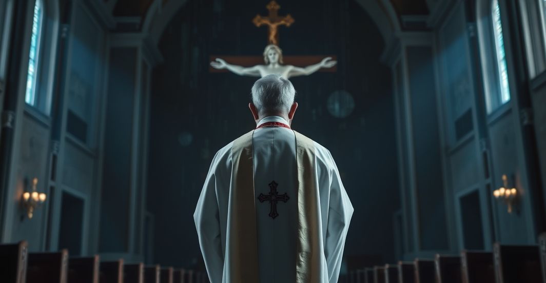 Kapłan katolicki w tradycyjnym ornacie, modlący się przed krucyfiksem, symbolizujący duchową opiekę w obliczu cyberzagrożeń i kryzysu moralnego