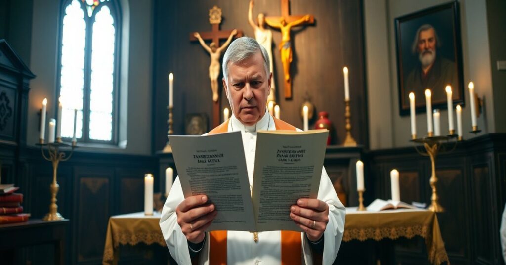 Kapłan w tradycyjnym sutannie stoi przed ołtarzem w ciemnej sakrystii krytykując tekst nowoczesnej teologii moralnej