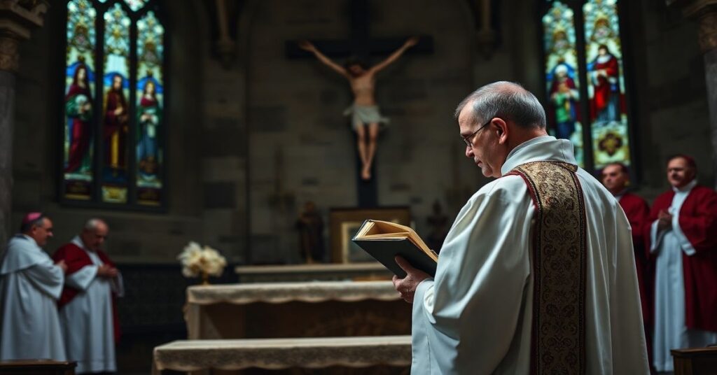 Kapłan w tradycyjnych szatach liturgicznych stoi przed kamiennym ołtarzem, trzymając mszał z głębokim nabożeństwem. Wnętrze kościoła jest słabo oświetlone przez witraże z tradycyjnymi scenami katolickimi.