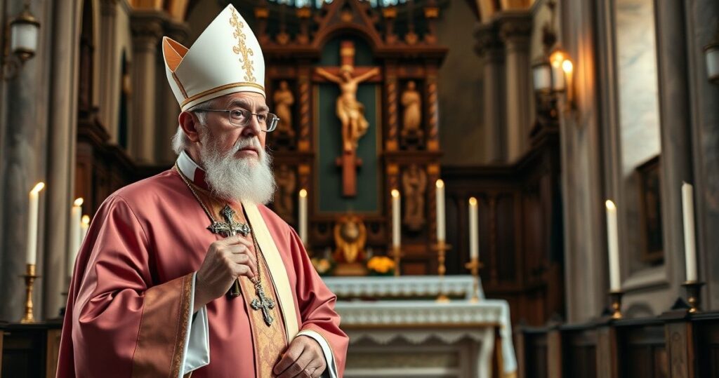 Dojrzały kapłan w tradycyjnych szatach trzymający krzyż przed ołtarzem, symbolizujący wierność i duchowość Kościoła katolickiego na tle historycznego kościoła, w nastroju pełnym szacunku i modlitwy.