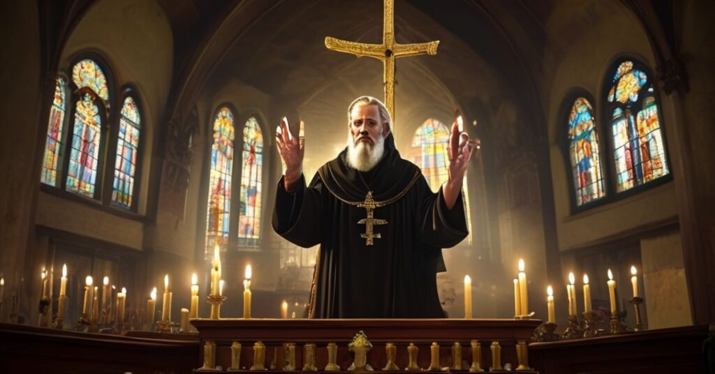 Kapłan ks. Zbigniew Stępniak modli się przy ołtarzu w tradycyjnym wnętrzu kościoła.