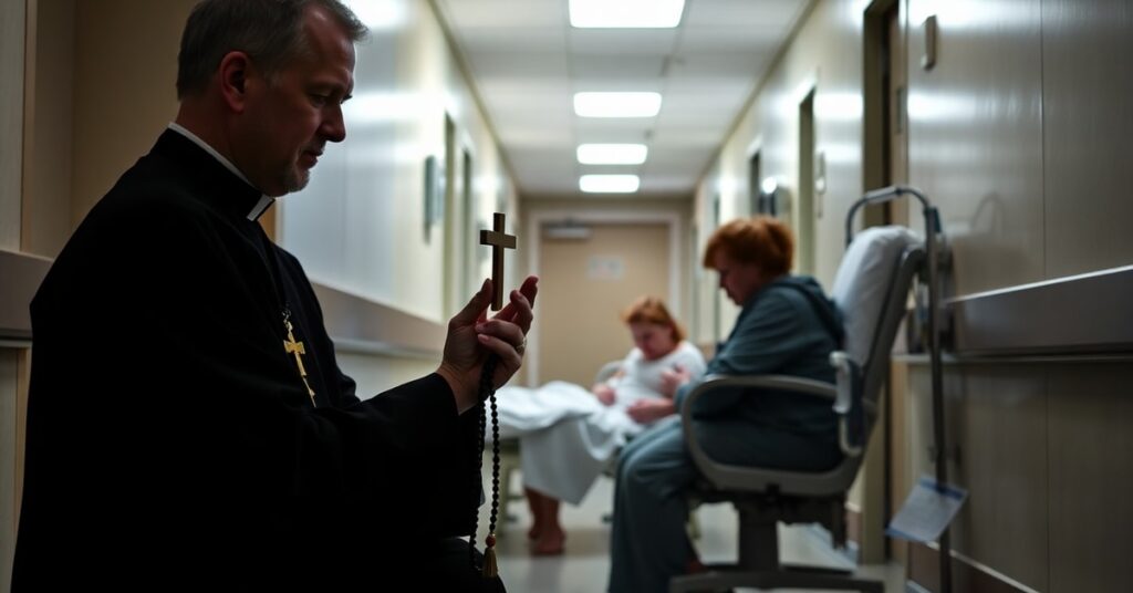 Kapłan w konfesjonale modli się za cierpiące dziecko i jego matkę w szpitalu - krytyka świeckiej psychologii zastępującej sakramenty